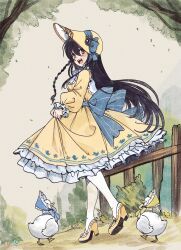  1girl absurdres animal bird black_hair braid breasts commentary double-parted_bangs dress duck english_commentary frilled_dress frills from_side full_body hair_between_eyes hat high_heels highres long_hair long_sleeves looking_at_viewer medium_breasts open_mouth original outdoors pantyhose ryuuxin sadie_(ryuuxin) shoes skirt_hold smile solo walking white_pantyhose yellow_dress yellow_hat yellow_shoes 