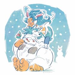  1girl 2boys blue_hair commentary darkstalkers english_commentary felicia_(darkstalkers) highres holding holding_plant holly jon_talbain leaf long_hair multiple_boys one_eye_closed ooobxdooo outdoors plant red_eyes sasquatch_(darkstalkers) snowing snowman white_background white_fur winter wolf_boy yellow_eyes 