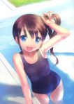  1girl absurdres blue_eyes brown_hair from_above highres long_hair looking_at_viewer looking_up one-piece_swimsuit open_mouth original pool poolside school_swimsuit side_ponytail smile solo swimsuit takoyaki_(roast) water wet 