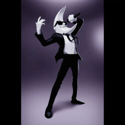  1boy commentary english_commentary full_body greyscale highres holding holding_microphone jacket mac_tonight magenta_sunrise male_focus mcdonald's microphone monochrome moon-shaped_head necktie open_mouth pants smile solo suit suit_jacket sunglasses 