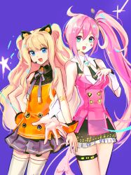  2girls :d ahoge animal_ears aqua_eyes arm_at_side arm_hug artist_name back-to-back bare_arms bare_shoulders black_necktie black_shirt black_skirt blonde_hair blue_eyes breasts brooch buttons cat_ears chromatic_aberration cleavage_cutout clothing_cutout collared_shirt commentary_request cowboy_shot double-breasted double-parted_bangs facial_mark flat_chest grey_ribbon grey_skirt hair_between_eyes hand_on_own_chest hand_on_own_hip hand_up headset high_side_ponytail highres jewelry korean_commentary long_hair long_sidelocks looking_at_viewer miniskirt multiple_girls neck_ribbon necktie open_mouth orange_shirt pencil_skirt petticoat pink_hair pink_vest pleated_skirt purple_background ramune55ni reaching reaching_towards_viewer ribbon seeu shirt side_ponytail sidelocks simple_background skirt sleeveless sleeveless_shirt small_breasts smile standing star_(symbol) star_brooch star_facial_mark star_symbol_background tareme thigh-highs tongue two-tone_shirt two_side_up uni_(vocaloid) very_long_hair vest vocaloid white_thighhighs zettai_ryouiki 