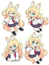  1girl :o ;d animal_ear_fluff animal_ears bandaid bandaid_on_knee bandaid_on_leg black_sailor_collar black_skirt black_socks blonde_hair blue_archive blush_stickers chibi fang fox_ears green_eyes hair_between_eyes halo kurumi_(blue_archive) long_hair long_sleeves miranofuudoria multiple_views one_eye_closed pleated_skirt puffy_long_sleeves puffy_sleeves sailor_collar school_uniform serafuku shirt shoes simple_background skirt smile socks two_side_up very_long_hair white_background white_shirt white_shoes 