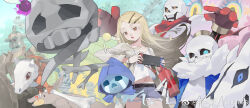  1girl belt black_belt blue_eyes bracelet building character_request crossover danbaofan_omuless gakuen_idolmaster gasterblaster highres holding holding_bottle idolmaster jewelry ketchup_bottle long_hair marowak navel nintendo_switch open_mouth orange_eyes papyrus_(undertale) pokemon sans_(undertale) shinosawa_hiro shirt skeleton standing the_binding_of_isaac the_legend_of_zelda undertale utdr_(toby_fox) watermark weibo_logo weibo_watermark white_hair white_shirt 