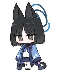  1girl animal_ear_fluff animal_ears black_hair black_sandals blue_archive blue_neckerchief blue_sailor_collar blue_skirt blush_stickers cat_ears cat_girl cat_tail chibi full_body grey_eyes halo kikyou_(blue_archive) long_sleeves looking_at_viewer miranofuudoria multiple_tails neckerchief open_clothes pleated_skirt sailor_collar sandals school_uniform serafuku shirt simple_background skirt sleeves_past_fingers sleeves_past_wrists socks solo standing tail two_tails white_background white_shirt white_socks zouri 