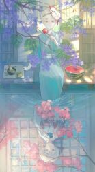 1boy 1girl absurdres aged_down aqua_kimono arm_support blue_eyes bob_cut branch candy_apple chasen chawan cherry_blossoms chinese_commentary chocolate-covered_food chocolate_strawberry closed_mouth cup dappled_sunlight different_reflection downturned_eyes dual_persona feet_out_of_frame flower food fox_mask fruit genderswap genderswap_(mtf) gojou_satoru green_tea hair_between_eyes hair_flower hair_ornament highres holding holding_candy_apple holding_cup holding_food japanese_clothes jujutsu_kaisen kimono long_sleeves mask mask_on_head open_door pink_flower purple_flower reflection reflective_liquid short_bangs short_eyebrows short_hair shouji sliding_doors soaking_feet solo spoon sunlight tea teacup veranda water watermelon white_hair white_kimono wind_chime wooden_floor yukata zongsi600 