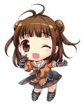 1girl ahoge brown_eyes brown_hair cannon chibi double_bun gloves kantai_collection lowres naka_(kantai_collection) open_mouth rei_(rei&#039;s_room) short_hair skirt smile solo wink 