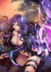  1girl belt breasts cleavage jewelry leaning_forward lips miemia necklace purple_hair single_thighhigh staff tagme thighhighs violet_eyes 