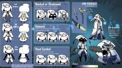  1other antennae cloak club_(weapon) color_guide english_text gold_trim green_eyes highres hooded_robe indie_virtual_youtuber joomfie_(juniper_actias) juniper_(artist) moth_antennae multiple_views official_art reference_sheet robe spiked_club staff sword turnaround weapon white_cloak white_eyes white_hood white_mask white_robe 