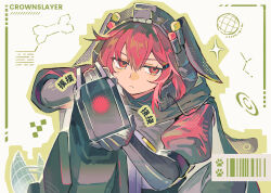  1girl absurdres animal_ears arknights barcode black_coat bone character_name chinese_commentary coat commentary_request crownslayer_(arknights) crownslayer_(the_dark_night_terminator)_(arknights) dopperu_ben elbow_gloves frown gloves green_outline highres hood hood_up hooded_coat looking_to_the_side non-humanoid_robot outline paw_print puffy_sleeves red_eyes red_hair robot robot_animal sidelocks simple_background solo sparkle translation_request white_background 