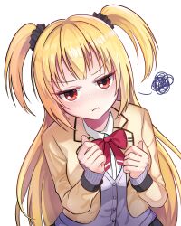  1girl :i arihara_nanami bilingual_commentary black_scrunchie blonde_hair blunt_bangs blush bow bowtie cardigan clenched_hands closed_mouth collared_shirt commentary cowboy_shot dutch_angle hair_between_eyes hair_ornament hair_scrunchie hands_up highres jacket jitome kikka_academy_school_uniform long_hair long_sleeves looking_at_viewer mixed-language_commentary open_clothes open_jacket oyasumeal pout purple_cardigan red_bow red_bowtie red_eyes riddle_joker school_uniform scrunchie shirt sidelocks simple_background sleeves_past_wrists solo squiggle straight_hair two_side_up upper_body v-shaped_eyebrows very_long_hair white_background white_shirt yellow_jacket 
