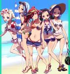  5girls ass atago_hiroe atago_kinue back beach bikini black_bikini blonde_hair blue_eyes blue_hair blue_swimsuit blush_stickers casual_one-piece_swimsuit clouds denim denim_shorts food fruit hair_bobbles hair_ornament hat holding long_hair looking_at_viewer looking_back lowleg lowleg_bikini mase_yuuko multicolored_bikini multiple_girls ocean one-piece_swimsuit open_mouth parasol pink_bikini ponytail purple_bikini red_eyes redhead saki sandals shirt short_hair short_shorts shorts side-tie_bikini sky smile standing suehara_kyouko sun_hat sunglasses swimsuit swimsuit_under_clothes ueshige_suzu umbrella watermelon white_shirt yaku_yojino 