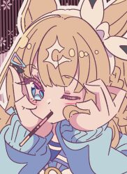  1girl almond_eye_(umamusume) blue_eyes bow_hairband brown_hair food food_in_mouth hairband honkawa_works horse_girl long_hair long_sleeves looking_at_viewer multicolored_hair one_eye_closed pocky pocky_day pocky_in_mouth solo symbol-shaped_pupils umamusume upper_body x-shaped_pupils 