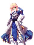  1girl ahoge armor armored_dress blonde_hair dress excalibur fate/stay_night fate_(series) faulds gauntlets green_eyes hair_ribbon highres juliet_sleeves long_sleeves puffy_sleeves ribbon saber solo sword takayuuki weapon 