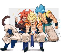  anger_vein biceps blue_eyes blue_sash body_fur cropped_vest dragon_ball dragon_ball_gt dragon_ball_super dragon_ball_super_broly dragon_ball_z energy_ball gogeta highres male_focus metamoran_vest monkey_boy monkey_tail multiple_persona muscular muscular_male no_nipples pants pectorals red_hair relio_db318 sash simple_background smile spiky_hair stardust_breaker super_saiyan super_saiyan_1 super_saiyan_4 super_saiyan_blue tail veins veiny_hands vest white_pants 