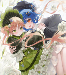  2girls :d absurdres bird_hat_ornament black_capelet black_flower black_hat black_rose blonde_hair blue_hair bonnet braid braided_hair_rings capelet deerstalker detective dress flower flower-trimmed_dress frills green_bonnet green_dress green_eyes hair_rings hat highres hug lolita_fashion looking_at_another magical_girl mahou_shoujo_no_majo_saiban multiple_girls open_mouth orange_eyes rose simple_background smile tachibana_sherry tono_hanna too_many too_many_frills white_background white_flower white_rose wings yellow_flower yellow_rose yuye 