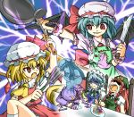  5girls apron ascot bat_wings blonde_hair blue_hair bow braid censored censored_food chair chopsticks clearfile closed_eyes crescent cup fang flandre_scarlet fork frying_pan hat highres hong_meiling izayoi_sakuya knife ladle long_hair maid maid_headdress multiple_girls open_mouth patchouli_knowledge purple_hair red_eyes redhead remilia_scarlet saliva short_hair silver_hair sitting skirt skirt_set spatula star sweatdrop table teacup thumbs_up touhou twin_braids wings 