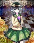  1girl blouse checkered checkered_floor floral_print flower green_eyes hat hat_ribbon heart heart_of_string highres kagetsu_koya komeiji_koishi light_smile looking_at_viewer multicolored_background ribbon rose short_hair silver_hair skirt sleeves_past_wrists solo standing striped striped_background third_eye touhou 