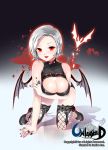  all_fours bat bat_wings blood blood_splatter blush breasts cleavage collar fishnet_legwear fishnets ice_(ice_aptx) jewelry lace large_breasts lips nail_polish red_eyes ring shadow short_hair silver_hair slit_pupils spiked_collar spikes thighhighs unleashed wings 