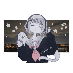  1girl black_sweater border closed_eyes commentary ghost grey_sailor_collar headphones highres listening_to_music long_sleeves musical_note neckerchief night omochi_noa original outdoors outside_border photo_background pink_neckerchief sailor_collar school_uniform serafuku signature solo sweater symbol-only_commentary upper_body white_border 