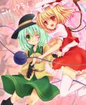  2girls blonde_hair flandre_scarlet frills green_eyes hat hat_ribbon komeiji_koishi lowres multiple_girls rai_(artist) red_eyes ribbon thighhighs third_eye touhou wide_sleeves wings wink 