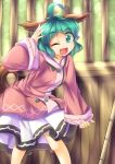  1girl ;d ahoge animal_ears bamboo_broom blush broom dress fun_bo green_eyes green_hair kasodani_kyouko long_sleeves open_mouth short_hair smile solo symbol-shaped_pupils tail touhou wink 