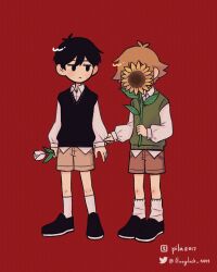  2boys alternate_sleeve_length antenna_hair artist_name basil_(faraway)_(omori) basil_(omori) black_shoes black_sweater_vest blonde_hair brown_shorts closed_mouth collared_shirt double-parted_bangs flower goodluck_4444 green_sweater_vest hair_between_eyes highres holding holding_flower long_sleeves looking_at_another male_focus multiple_boys omori red_background shirt shoes short_hair shorts sidelocks simple_background socks sunflower sunny_(omori) sweater_vest tulip tumblr_username twitter_username white_flower white_shirt white_socks white_tulip 