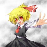  1girl alternate_hairstyle ascot blonde_hair desukingu fangs hair_ribbon highres long_sleeves open_mouth outstretched_arms ponytail red_eyes ribbon rumia shirt skirt skirt_set smile solo touhou vest 
