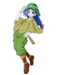  1girl blue_eyes blue_hair boots hat highres jewelry knee_boots leaning_back long_hair low-tied_long_hair monocle necklace original pants phiased_pescar shawl smile solo teitoku telescope the_last_comer touhou white_background 