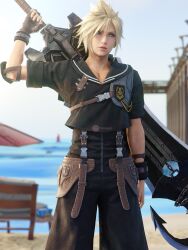  1boy 3d armor beach beach_umbrella black_romper black_sailor_collar black_shirt blonde_hair blue_eyes blurry blurry_background brown_gloves cloud_strife cloud_strife_(maritime_sailor) cowboy_shot crop_top elbow_pads final_fantasy final_fantasy_vii final_fantasy_vii:_ever_crisis fingerless_gloves gloves hair_between_eyes highres holding holding_sword holding_weapon leather_armor light_smile male_focus official_alternate_costume romper sailor_collar shirt short_hair single_elbow_pad single_fingerless_glove single_shoulder_pad solo spiky_hair suspenders sword sword_on_back trivia3d umbrella weapon weapon_on_back 