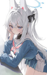 1girl absurdres animal_ears black_bow blue_archive blue_eyes blue_shirt blue_skirt blue_sleeves bunny_ears eyebrows_visible_through_hair fake_animal_ears hair_between_eyes hair_ornament half_up_braid halo hand_on_own_cheek highres kerno leaning_forward long_hair looking_at_viewer miyako_(blue_archive) seifuku solo undershirt white_background white_hair