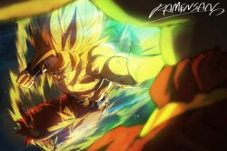  2boys artist_name aura blonde_hair broly_(dragon_ball_z) clenched_hands clenched_teeth dragon_ball dragon_ball_z full_body green_eyes highres medium_hair multiple_boys orange_pants pants punching ramensan signature solo_focus son_goku spiky_hair super_saiyan super_saiyan_1 teeth topless_male torn_clothes torn_pants 