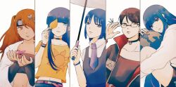  5girls ada_(naruto) akimichi_chouchou bandeau black_bandeau black_choker black_eyes black_hair black_headband black_jacket blue_eyes blue_hair blunt_bangs boruto:_two_blue_vortex bug butterfly choker column_lineup covering_one_eye dragonfly expressionless forehead_protector globe headband holding holding_leaf holding_umbrella jacket kakei_sumire leaf light_frown multiple_girls naruto_(series) navel necktie orange_eyes orange_hair pink_hair purple_necktie short_hair third-party_source uchiha_sarada umbrella uzumaki_himawari wristband yumaeui 