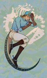  1boy absurdres argyle_clothes argyle_sweater bandaid bandaid_on_cheek bandaid_on_face blonde_hair blue_eyes blue_sweater boots brown_gloves commentary_request diego_brando dinosaur_skeleton dinosaur_tail elbow_gloves full_body glasgow_smile gloves highres jodhpurs jojo_no_kimyou_na_bouken knee_boots male_focus medium_hair pants riding_boots riding_outfit skyfiss solo spurs steel_ball_run sweater tail 