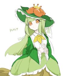  :< ayaka_488 crown dress flower frilled_dress frills green_dress green_hair green_hat hat highres lilligant long_hair looking_at_viewer orange_eyes orange_flower personification pokemon ribbon simple_background 