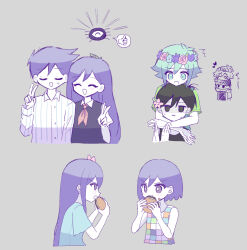  2girls 4boys antenna_hair aubrey_(headspace)_(omori) aubrey_(omori) basil_(headspace)_(omori) basil_(omori) black_eyes black_hair black_tank_top blue_overalls blue_shirt blush bow bright_pupils brother_and_sister brothers bug burger checkered_clothes chibi closed_eyes collared_pajamas collared_shirt colored_skin double-parted_bangs eating flower flower_wreath food green_eyes green_hair green_shirt grey_background hair_between_eyes hair_bow hair_flower hair_ornament head_wreath heart hero_(headspace)_(omori) hero_(omori) highres holding holding_burger holding_food hug hug_from_behind kel_(headspace)_(omori) kel_(omori) leaf leaf_on_head long_hair long_sleeves looking_at_another mari_(headspace)_(omori) mari_(omori) multiple_boys multiple_girls neckerchief omori omori_(omori) open_mouth overalls pajamas parted_lips pink_bow purple_hair purple_sweater_vest red_neckerchief shirt short_hair short_sleeves siblings sidelocks simple_background smile speech_bubble spider spoken_thumbs_up striped_clothes striped_pajamas sweat sweatdrop sweater_vest t-shirt tank_top thumbs_up translated true_erg v vertical-striped_clothes vertical-striped_pajamas white_pajamas white_pupils white_shirt white_skin 