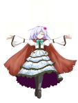  1girl bandage_over_one_eye bowtie cape closed_eyes dress flower frills grey_legwear hair_flower hair_ornament hairband highres iesua_nazarenus long_hair original outstretched_arms pantyhose pink_rose rose shoes solo spread_arms teitoku touhou white_background white_hair 