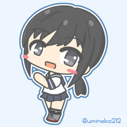  1girl anchor_symbol black_eyes black_hair black_socks blue_background blue_necktie blue_outline blue_sailor_collar blue_skirt blush_stickers chibi commentary_request fubuki_(kancolle) full_body grey_shoes hair_between_eyes kantai_collection kneehighs long_hair looking_at_viewer low_ponytail miniskirt necktie open_mouth outline pleated_skirt ponytail sailor_collar shirt shoes short_sleeves sidelocks skirt socks solo standing twitter_username umineko212 white_outline white_shirt 