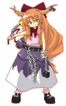  1girl ane brown_eyes brown_hair chain gourd hair_ribbon horn_ribbon horns ribbon solo torn_clothes torn_sleeves touhou wrist_cuffs 