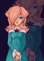  1girl blue_dress blue_eyeliner blue_eyes brooch closed_mouth crown devilishinky dress earrings english_commentary eyelashes eyeliner facing_viewer hair_over_one_eye highres jewelry long_hair long_sleeves looking_to_the_side makeup rosalina smile solo star_(symbol) star_brooch star_earrings super_mario_bros. the_super_mario_galaxy_movie zoom_layer 