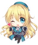  1girl ;d atago_(kantai_collection) beret blonde_hair blue_eyes chibi gloves hat heart kantai_collection long_hair lowres open_mouth pantyhose rei_(rei&#039;s_room) skirt smile solo wink 