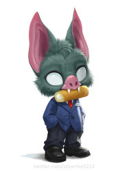 1boy animal_ears bat_boy bat_ears black_pants blue_suit chibi chibi_only dispatch english_commentary fangs fangs_out food_in_mouth furry furry_male grey_fur hands_in_pockets highres looking_at_viewer male_focus necktie pants red_necktie shirt silverfox5213 sonar_(dispatch) suit twinkies white_background white_shirt 