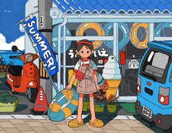  1girl bag bandaid bandaid_on_knee bandaid_on_leg black_hair building car child clouds crocs day denim_dress flower full_body goggles hair_ornament hairclip highres holding holding_goggles motor_vehicle ocean onoconokoko0625 original outdoors plant potted_plant scooter shadow shoes short_sleeves short_twintails solo sports_utility_vehicle standing storefront summer swim_ring traffic_cone twintails visor_cap yellow_shoes 