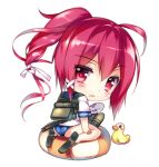  1girl backpack bag chibi fan i-168_(kantai_collection) innertube kantai_collection long_hair looking_back lowres one-piece_swimsuit paper_fan ponytail red_eyes redhead rei_(rei&#039;s_room) rubber_duck solo swimsuit uchiwa 