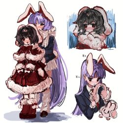  2girls :3 :o adjusting_another's_clothes adjusting_jacket alternate_costume animal animal_ears b_nosk101 black_hair black_jacket black_shoes blazer blush boots bow breath coat crossed_bangs curtained_hair frilled_skirt frills fur-trimmed_boots fur-trimmed_coat fur_trim glove_bow highres holding holding_animal holding_earmuffs holding_rabbit inaba_mob_(touhou) inaba_tewi jacket kneehighs layered_clothes long_hair mittens multiple_girls multiple_views necktie nose_blush open_mouth parted_lips pink_skirt purple_hair rabbit rabbit_ears rabbit_girl red_boots red_coat red_eyes red_mittens red_necktie reisen_udongein_inaba scarf shirt shoes short_hair simple_background skirt snow_boots socks touhou translation_request very_long_hair white_background white_bow white_scarf white_shirt white_socks winter_clothes winter_coat 
