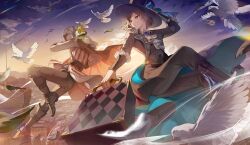  1boy 1girl absurdres apple apple_(reverse:1999) apple_(the_fruit_of_wisdom)_(reverse:1999) ascot assassin's_creed_(series) assassin's_creed_ii bird black_boots black_coat black_hat black_pants black_vest blue_bow blue_sky boater_hat boots bow brown_boots brown_cape brown_eyes brown_hair brown_pants cape clouds cloudy_sky coat crossover dasha ezio_auditore_da_firenze falling falling_feathers feathers food from_side fruit full_body golden_apple gradient_sky grey_hair hair_bun hand_on_headwear hat hat_bow highres holding holding_suitcase hood hood_up looking_to_the_side monocle orange_sky outdoors pants profile reverse:1999 shirt short_hair single_side_bun sky suitcase too_many too_many_birds twilight vertin_(reverse:1999) vest waistcoat white_ascot white_bird white_shirt 