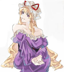  1girl bare_shoulders blonde_hair blue_eyes breasts closed_mouth collar collarbone commentary dress frilled_hat frills hat hat_ribbon highres long_hair looking_at_viewer medium_breasts mob_cap no_bra off-shoulder_dress off_shoulder oftooon own_hands_together purple_dress red_ribbon ribbon simple_background sitting solo touhou very_long_hair white_background white_hat yakumo_yukari 