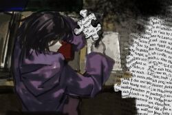  1other androgynous arms_on_table black_hair book chinese_commentary closed_eyes english_commentary expressionless from_above hair_between_eyes head_on_arm head_on_table holding holding_puzzle_piece hood hood_down hooded_jacket indoors jacket jigsaw_puzzle len'en long_hair_between_eyes long_sleeves mixed-language_commentary no_headwear other_focus parted_lips pointy_nose purple_jacket puzzle puzzle_piece shitodo_kuroji short_hair sitting sleeping solo yancao_(pixiv_103434280) 