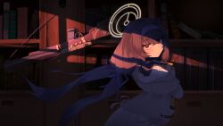  1girl absurdres bags_under_eyes black_hair blue_archive bolt_action book bookshelf brown_halo cardigan closed_mouth commentary crossed_bangs dark de_lisle_carbine gun hair_between_eyes hair_ribbon hairband halo highres holding holding_book hugging_book hugging_object indoors long_hair looking_at_viewer looking_back low_twintails purple_hairband purple_ribbon ribbon rifle sailor_collar school_uniform serafuku shadow solo suppressor suwa_(au_swap) twintails ui_(blue_archive) violet_eyes weapon white_sailor_collar white_serafuku 