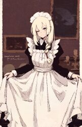  1girl absurdres apron blonde_hair blue_eyes braid closed_mouth commentary ear_piercing english_commentary highres juliet_sleeves long_hair long_sleeves maid maid_apron maid_headdress one_eye_closed original painting_(object) piercing puffy_sleeves rnna skirt_hold solo white_apron yume_(shuii) 