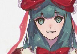  1girl bow green_eyes green_hair hair_bow highres kagiyama_hina long_hair looking_at_viewer oftooon parted_lips pink_nails red_bow simple_background smile solo touhou white_background 